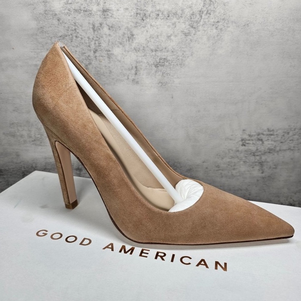 Good American Women’s The Icon Heels Pumps Pointed Toe Beige Nude Suede Sz 8 NWT